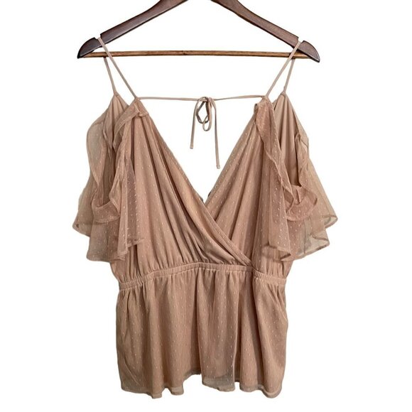 Express Womens Beige Floral Embroidered Mesh Layered Cold Shoulder Blouse Large - Picture 7 of 7